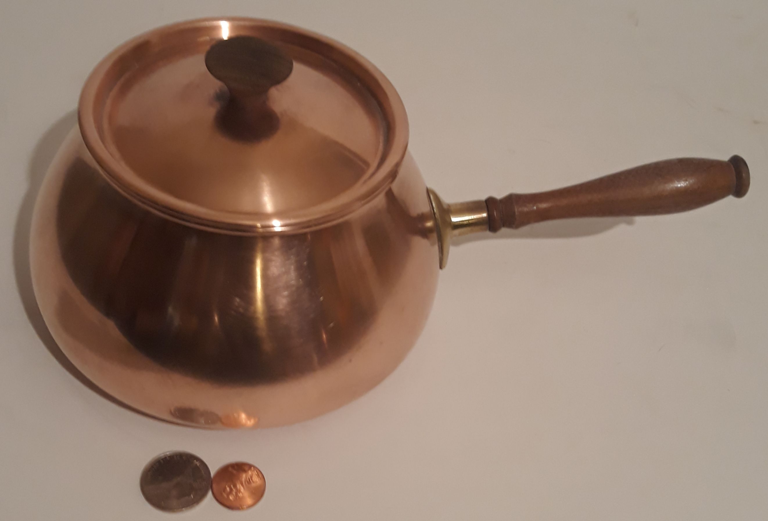 Vintage Metal Copper and Brass Cooking Pot, Lid, Wooden Handle, Made in Portugal, 11" Long and 6" x 3 1/2" Pan Size, Home Decor, Shelf Display