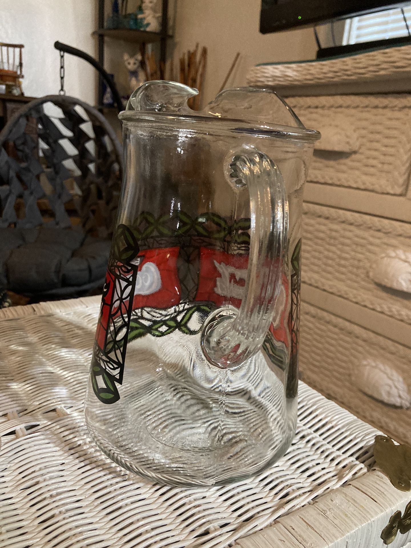 Vintage Coca~Cola Glass Pitcher, Stained Glass Style, No Cracks Or Chips, 64 Oz.