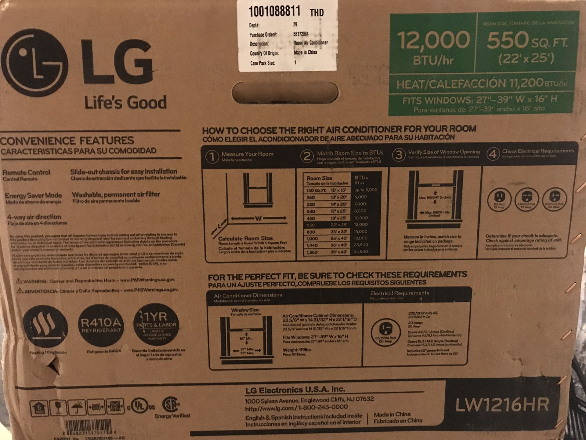 LG window air conditioner plus heating unit