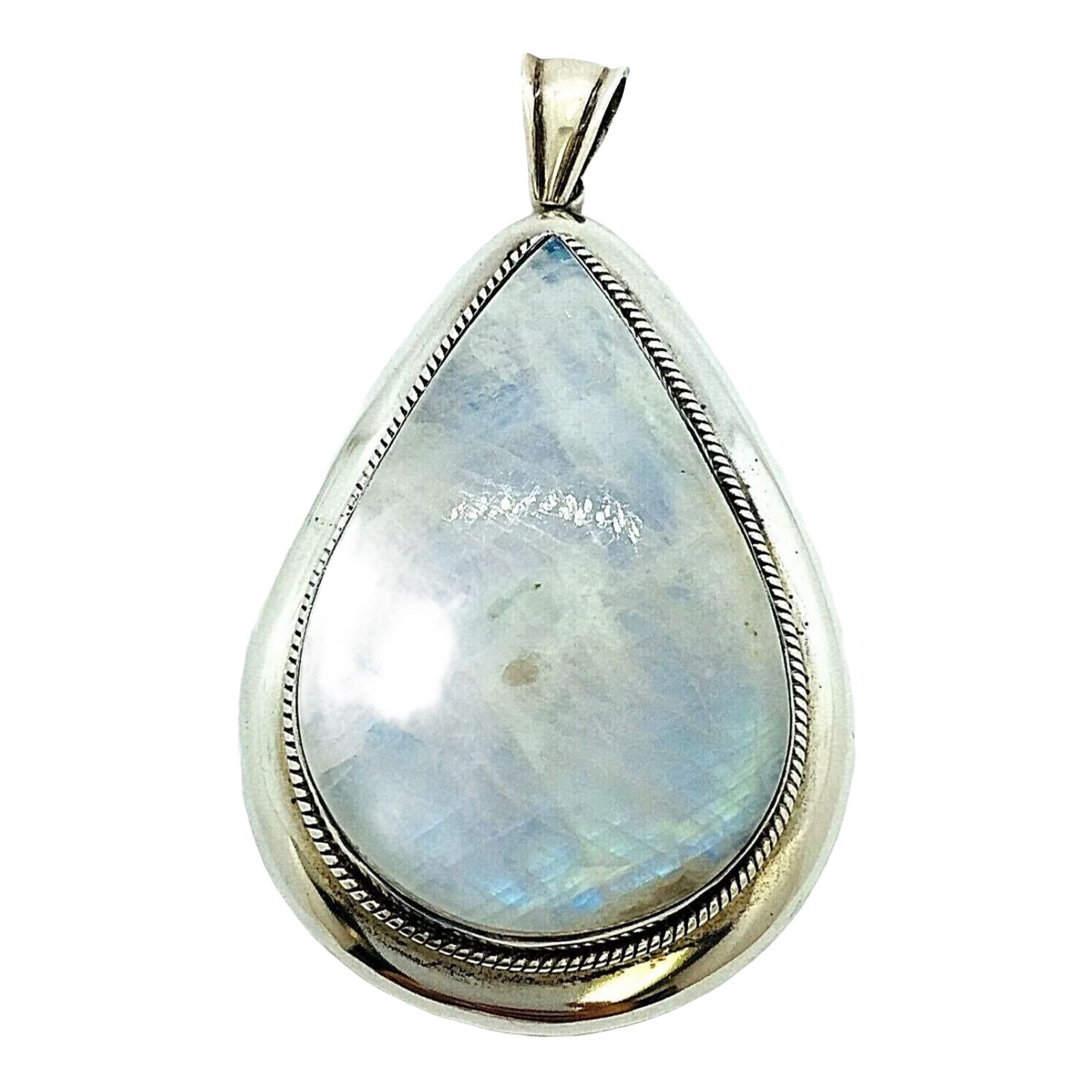 925 Solid Real Sterling Silver Large Natural Rainbow Moonstone Pendant 45mm