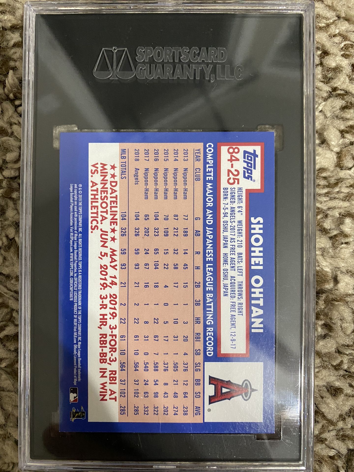 2019 Topps update Shohei Ohtani error RC 84-25 Pop 5 SGC 10 GEM