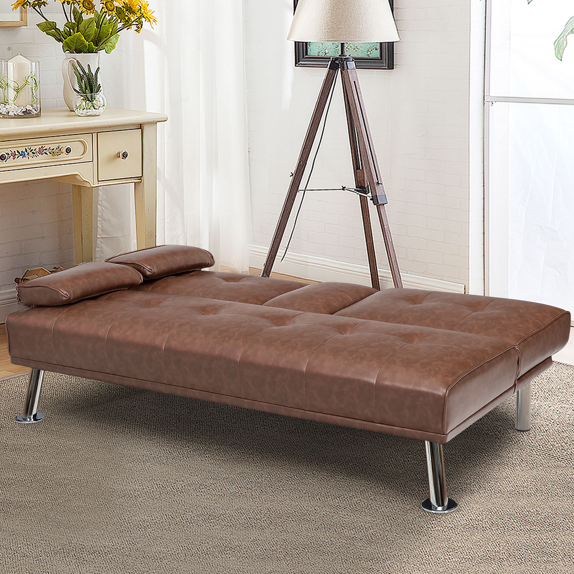 Costway Convertible Folding Futon Sofa Bed Leather w/Cup Holders&Armrests Brown