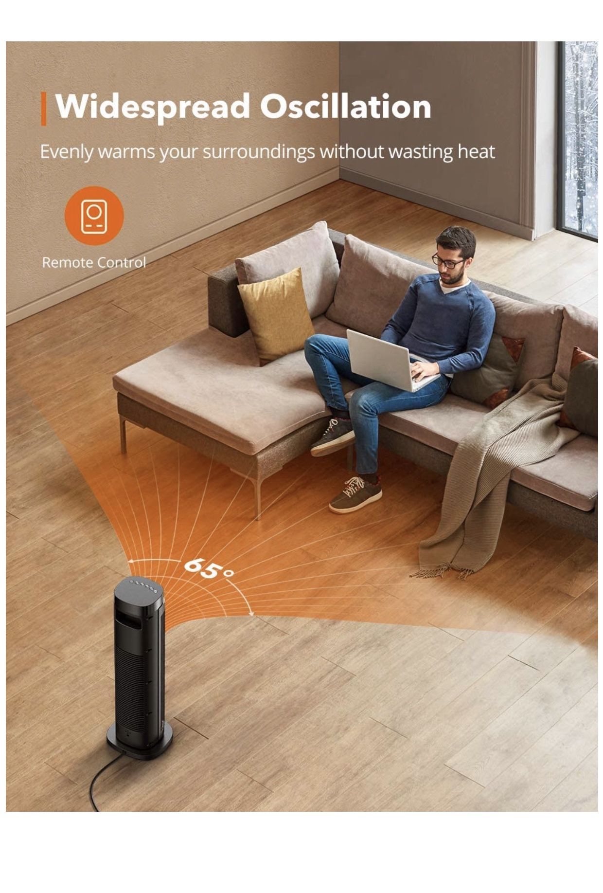 1500W Fast Heating Ceramic Tower Fan Heater, 24” High Oscillating Portable & Quiet with Remote ECO Mode 12H Timer Tip-Over Switch Overheating Protect