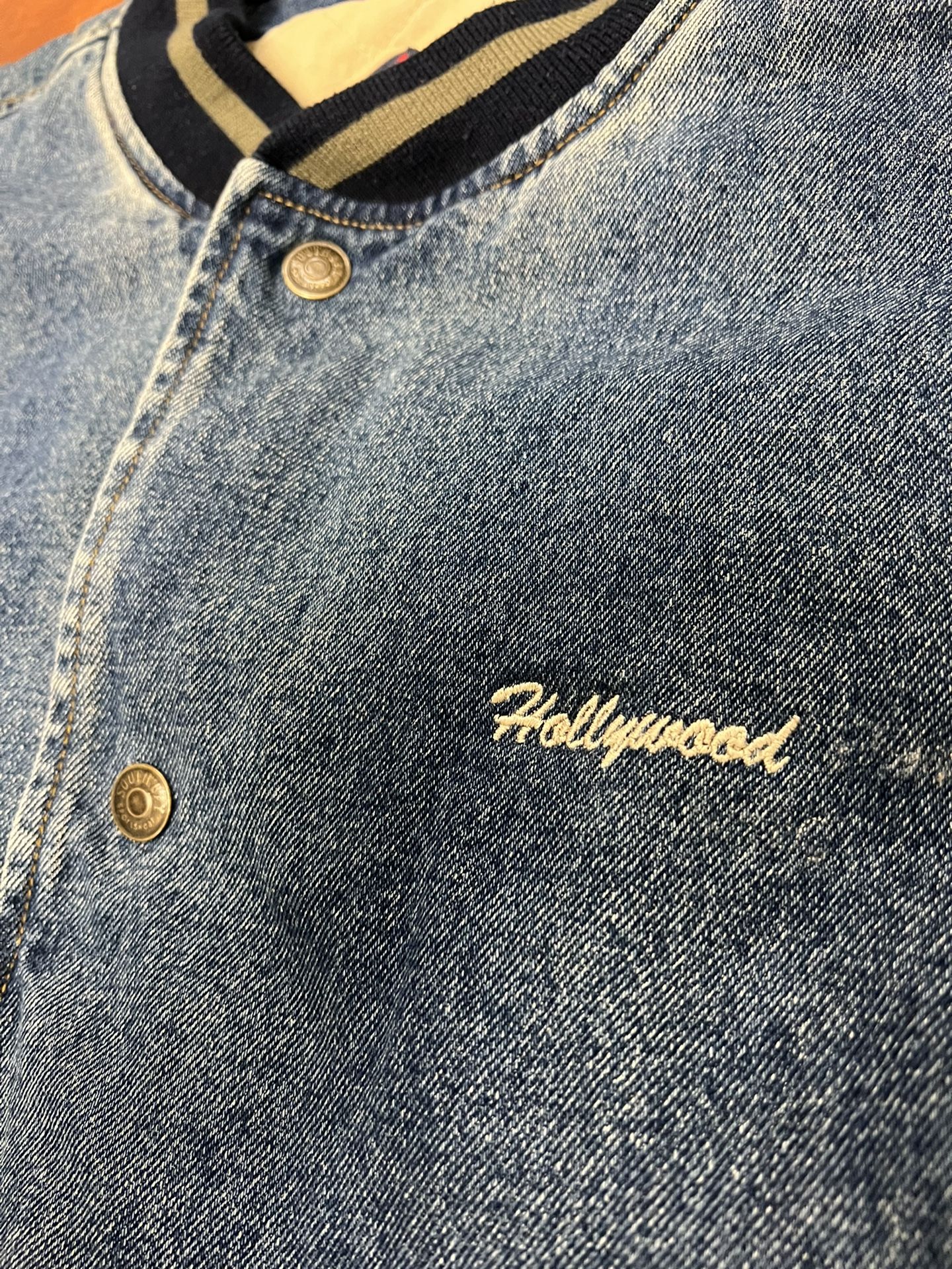 Vintage South Bay Hollywood Embroidered Denim Varsity Jacket Large