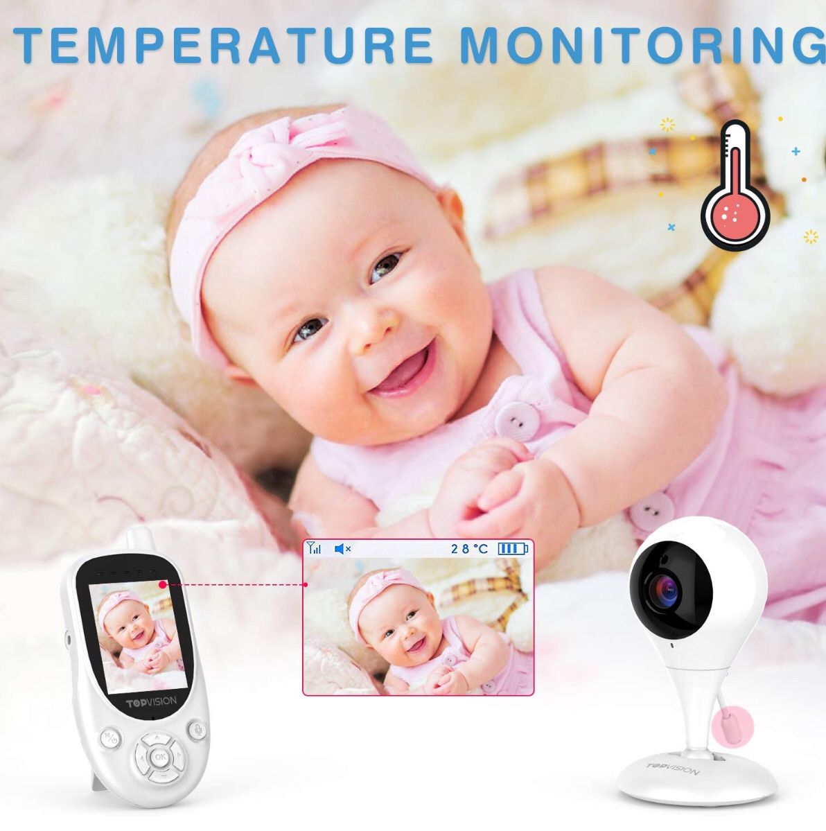 TOPVISION Baby Monitor Two-Way Audio 2.4GHz Wireless Video Monitor with Night Vision Temperature Baby Monitor VOX Voice and Lullabies 