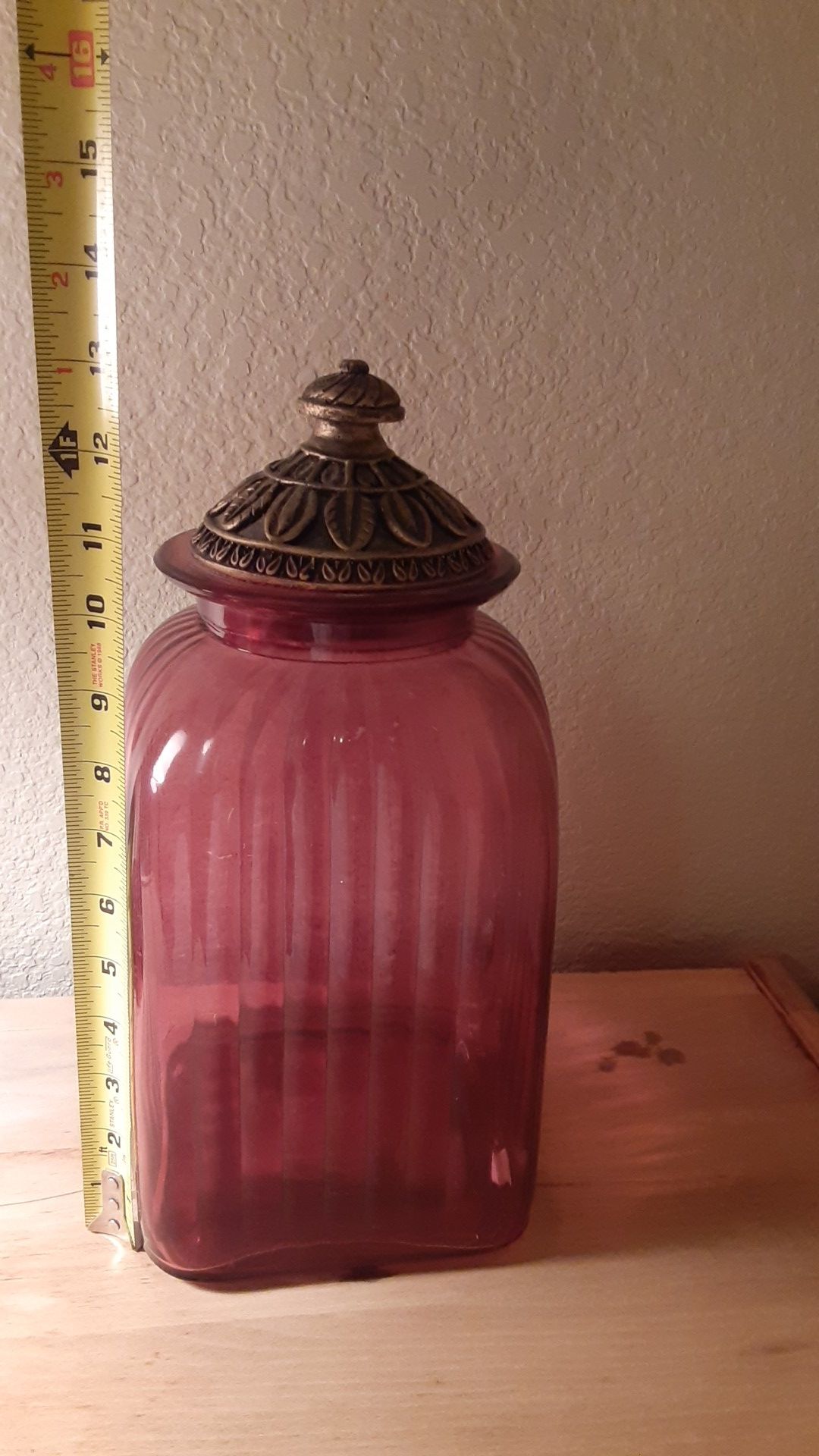 Glass, red, decorative jar, cookies, kitchen items, bathroom. Nice piece