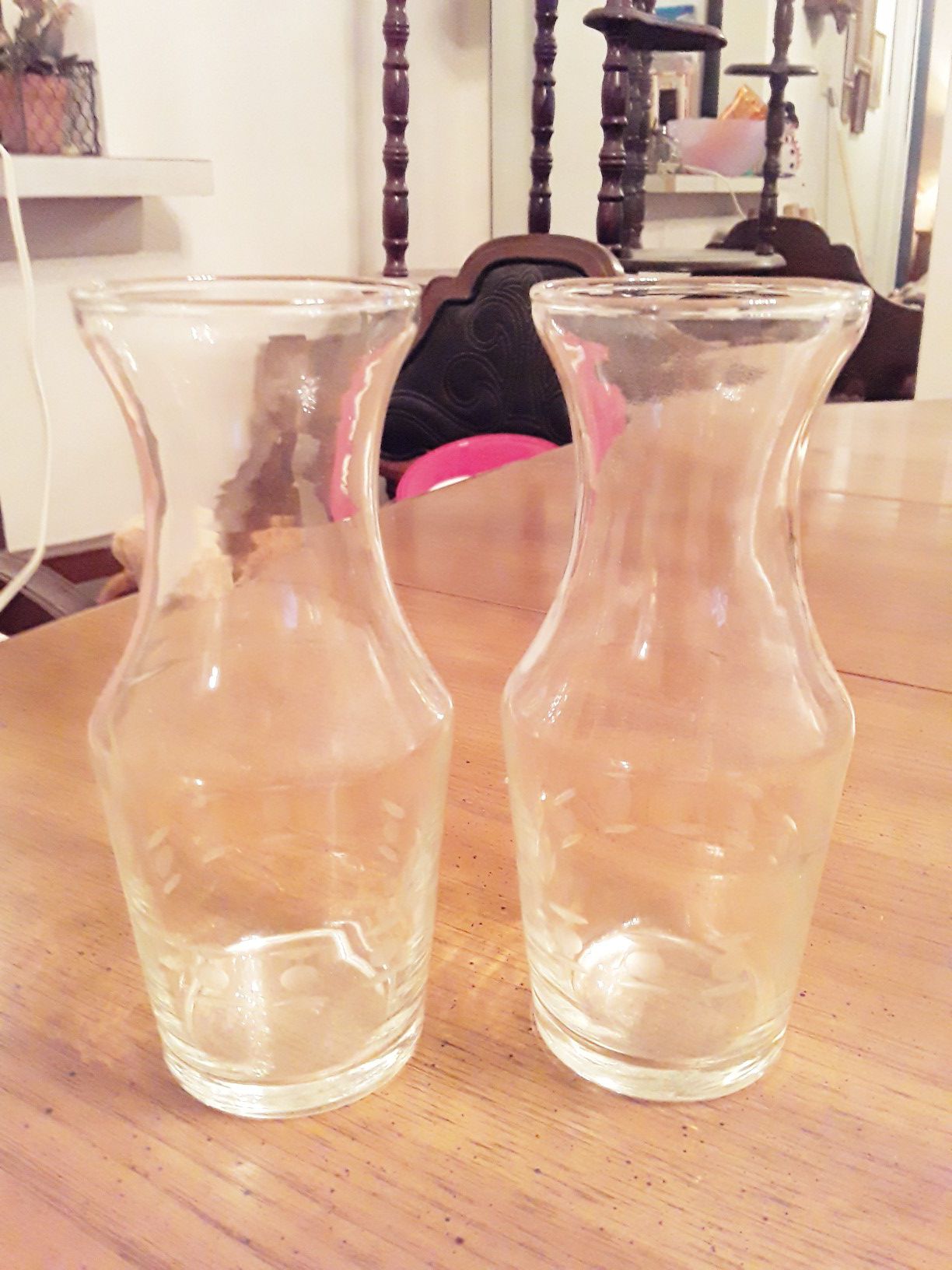 Pair Of Beautifully Etched Personal Carafes - 6 1/2"H - Both For $8 Or $5 Each