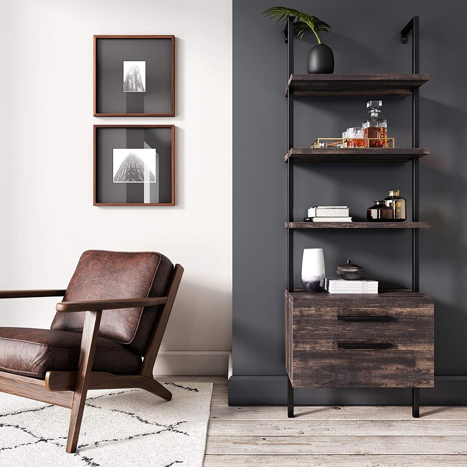 Matte Steel Frame Industrial Bookshelf with Wood Drawers, 3-Shelf, Nutmeg/Black