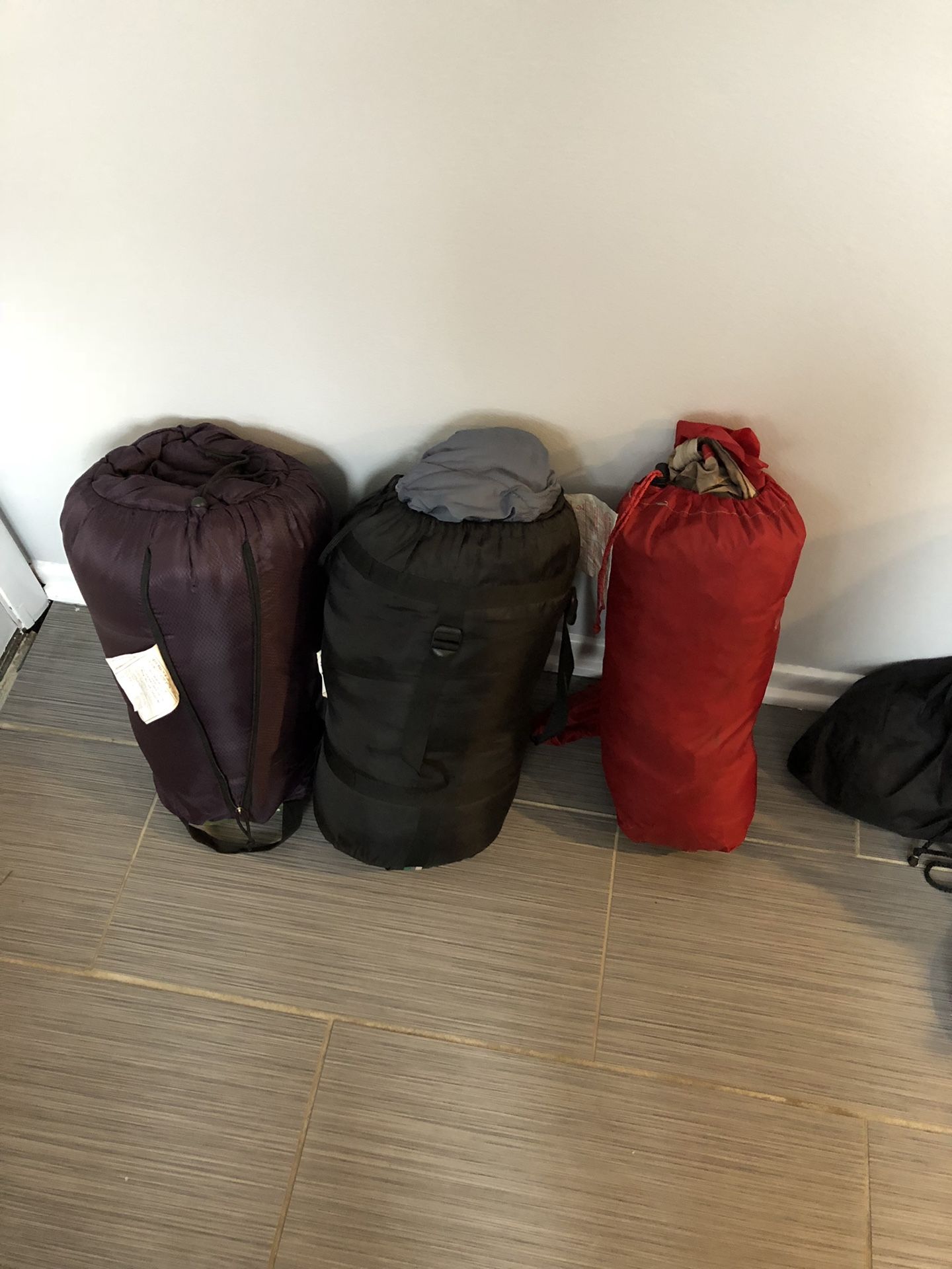 Camping backpack with 2 sleeping bags and 2 person tent