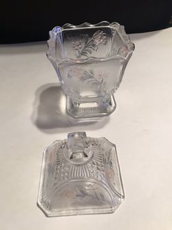 Vintage 7 1/2” Imperial Glass Square Footing Pink Rose Pattern with Lid Thumbnail