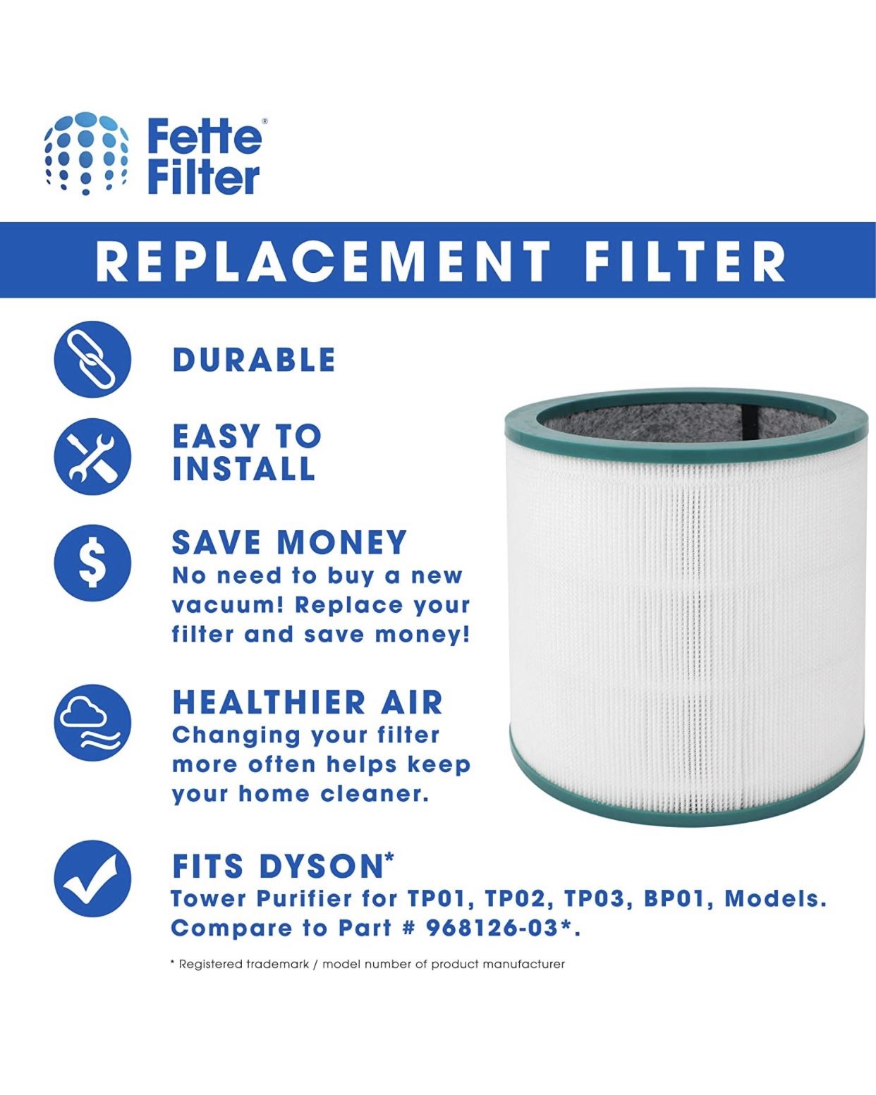 ars 990 R Fette Filter - 2 Pack of Air Purifier True HEPA Premium Grade Filters