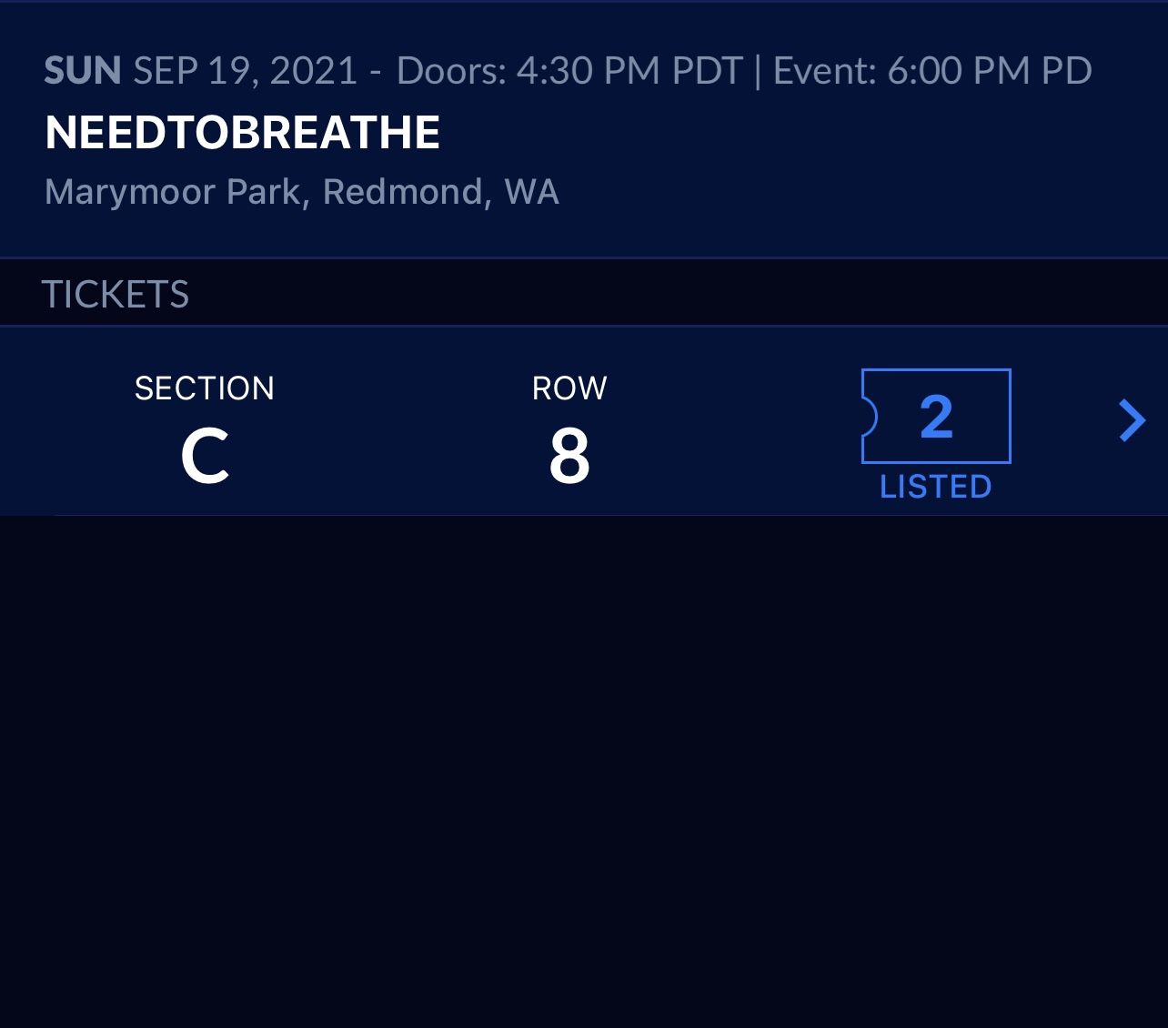 NEEDTOBREATHE, 2 Tickets Section C Row 8, Marymoor Park