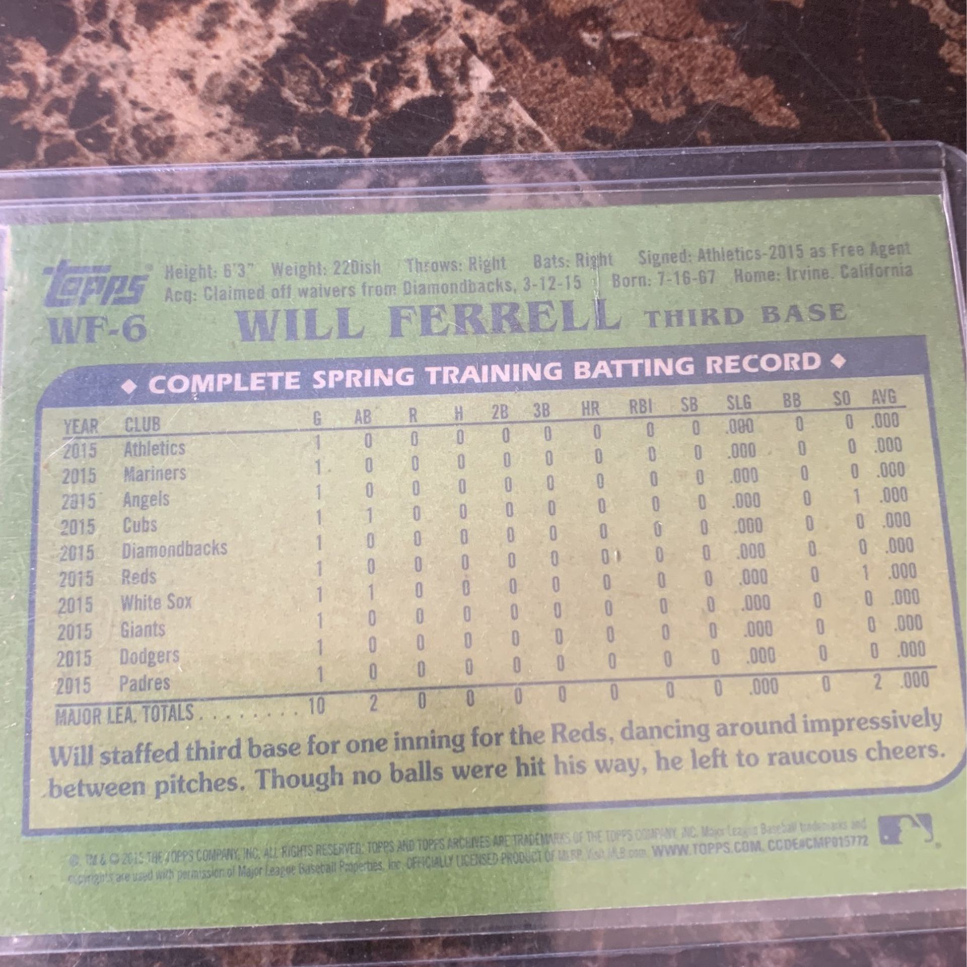 Will Ferrell Topps Reds baseball card