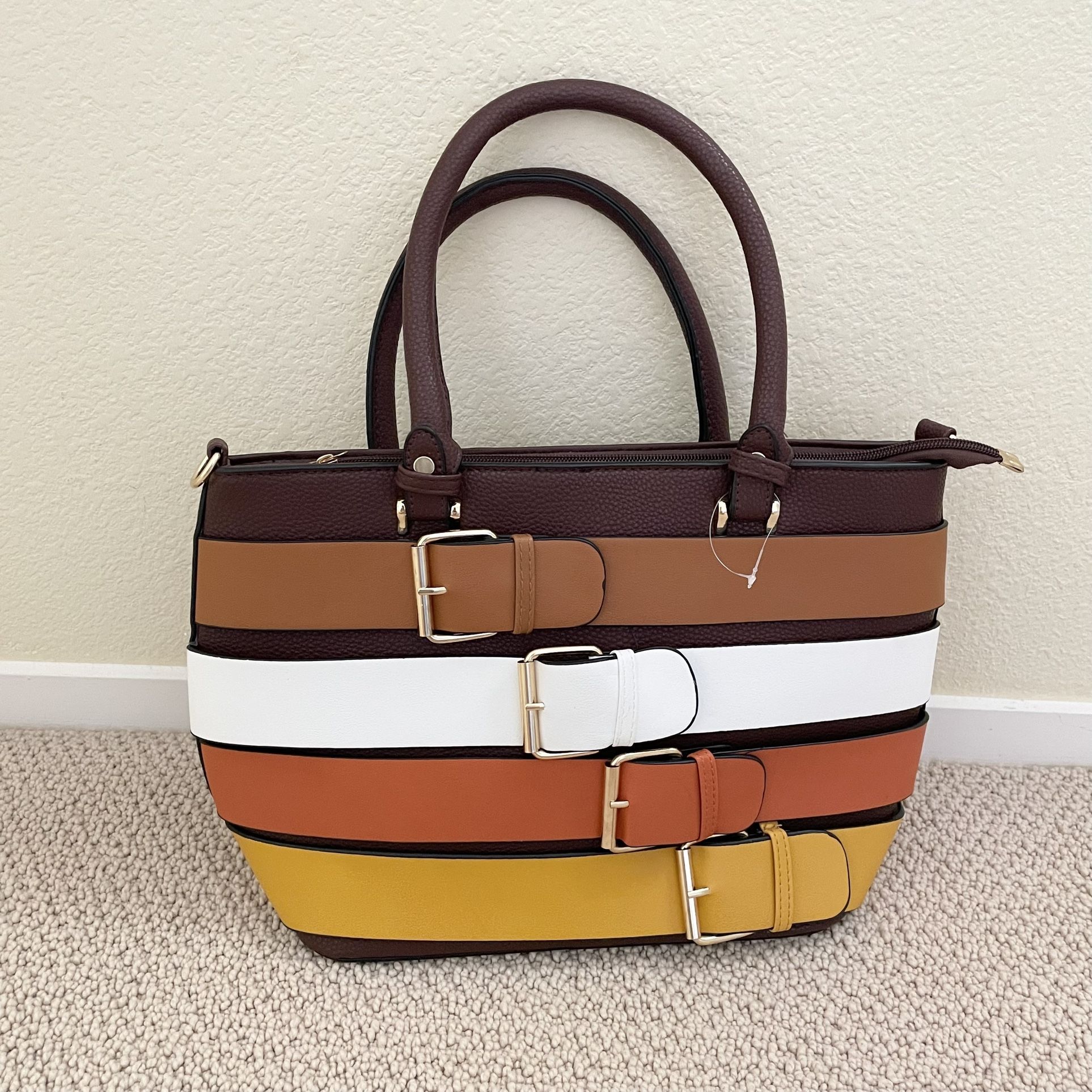 Yellow Brown Belt Design Tote Bag Women’s Purse