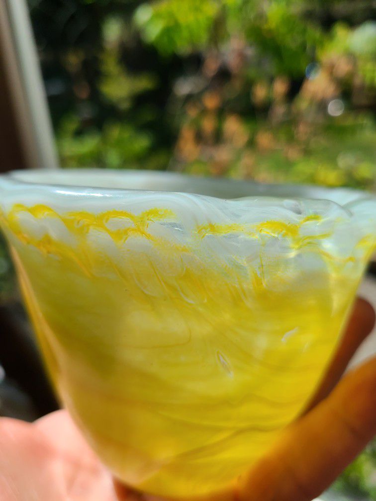 Spanish Blown Glass Hand Applied Cold Paint Process Lemon Yellow Drip Vase Bowl