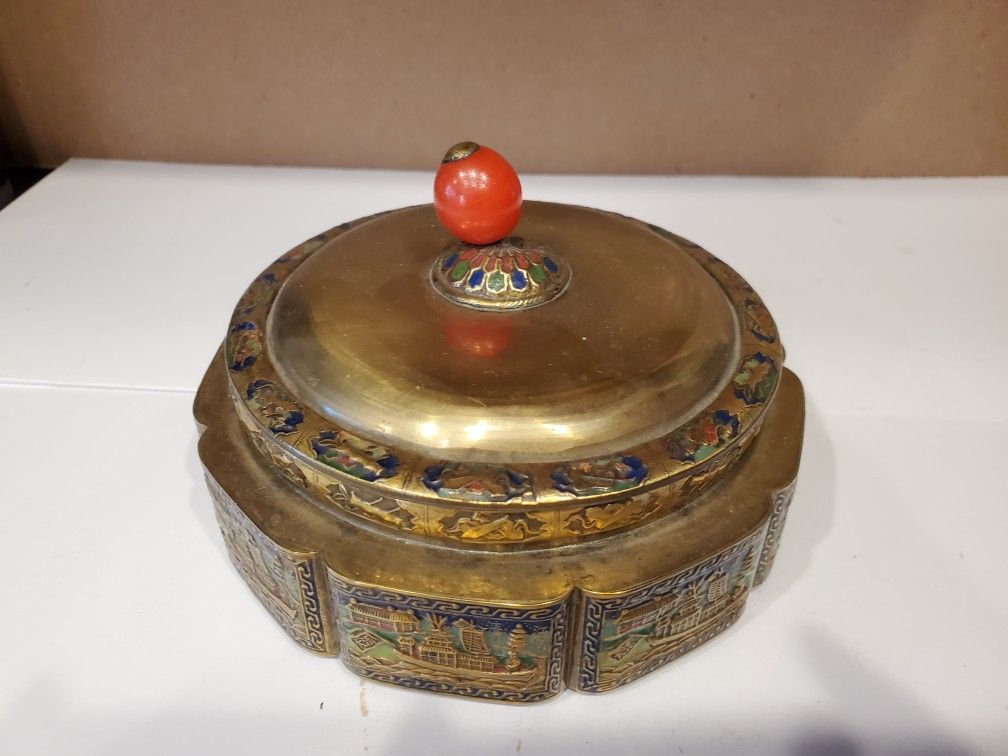ANTIQUE BRASS AND ENAMEL COVERED DISH AMBER GLASS LINED