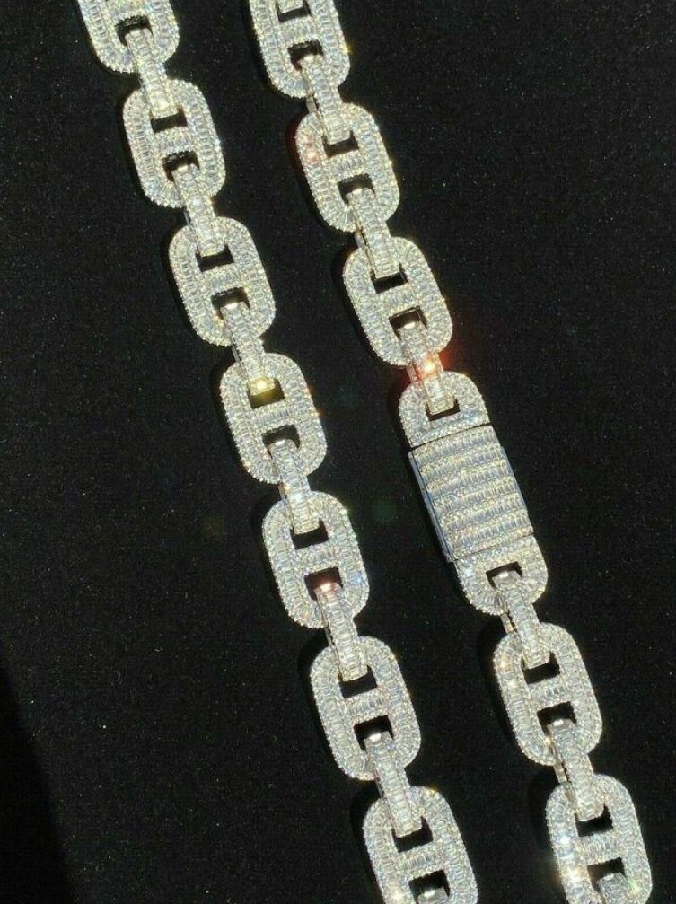 “NO TRADES”Solid 925 Sterling Silver Baguette Gucci Link Chain Iced 15mm Thick Flooded Out 20”L