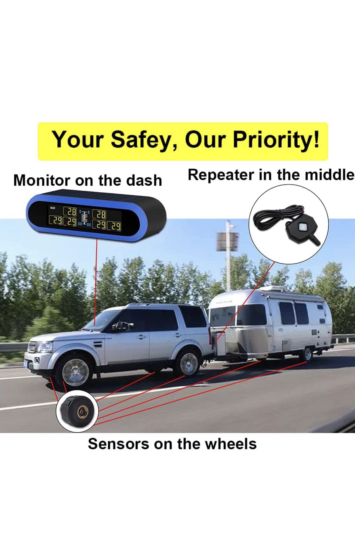 Solar-Powered Digital Tire Pressure Monitoring System(TPMS), 80ft Sensing Distance, for RV Camper, Travel Trailer, Folding Camper, Motor Home, Fifth W