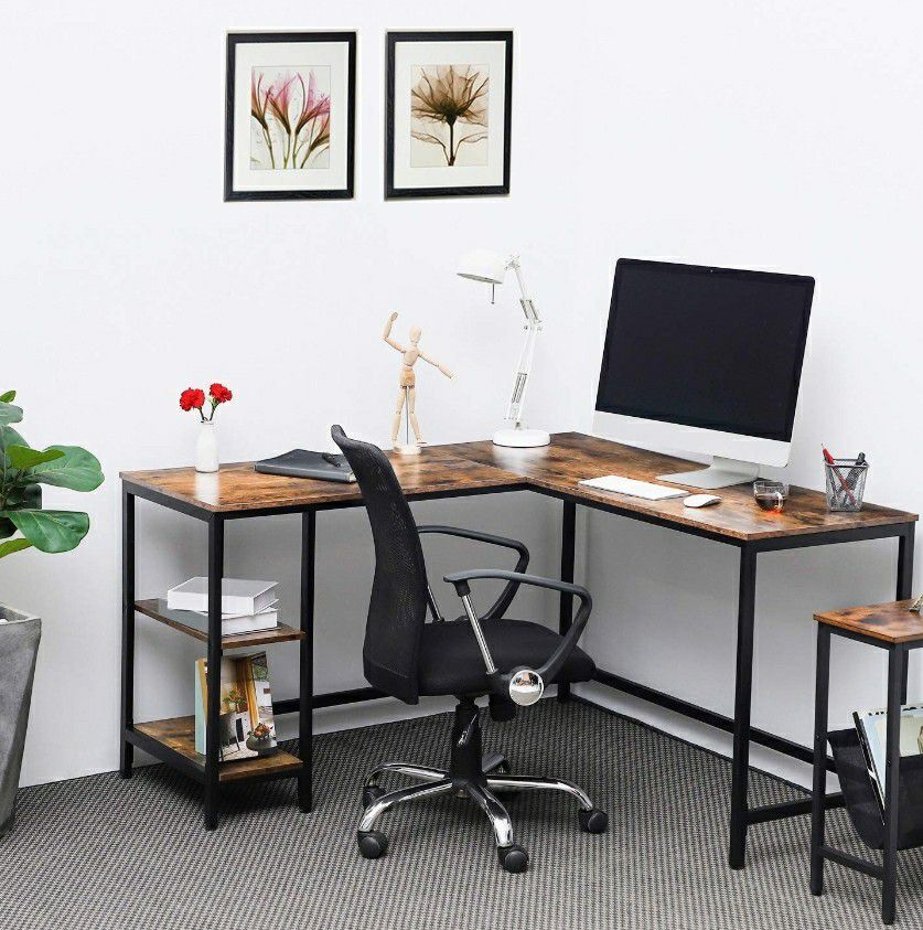 Rustic Brown, L-Shaped Satble & Space Saving, Computer Desk, Industrial Corner Writing Desk w/ Shelves