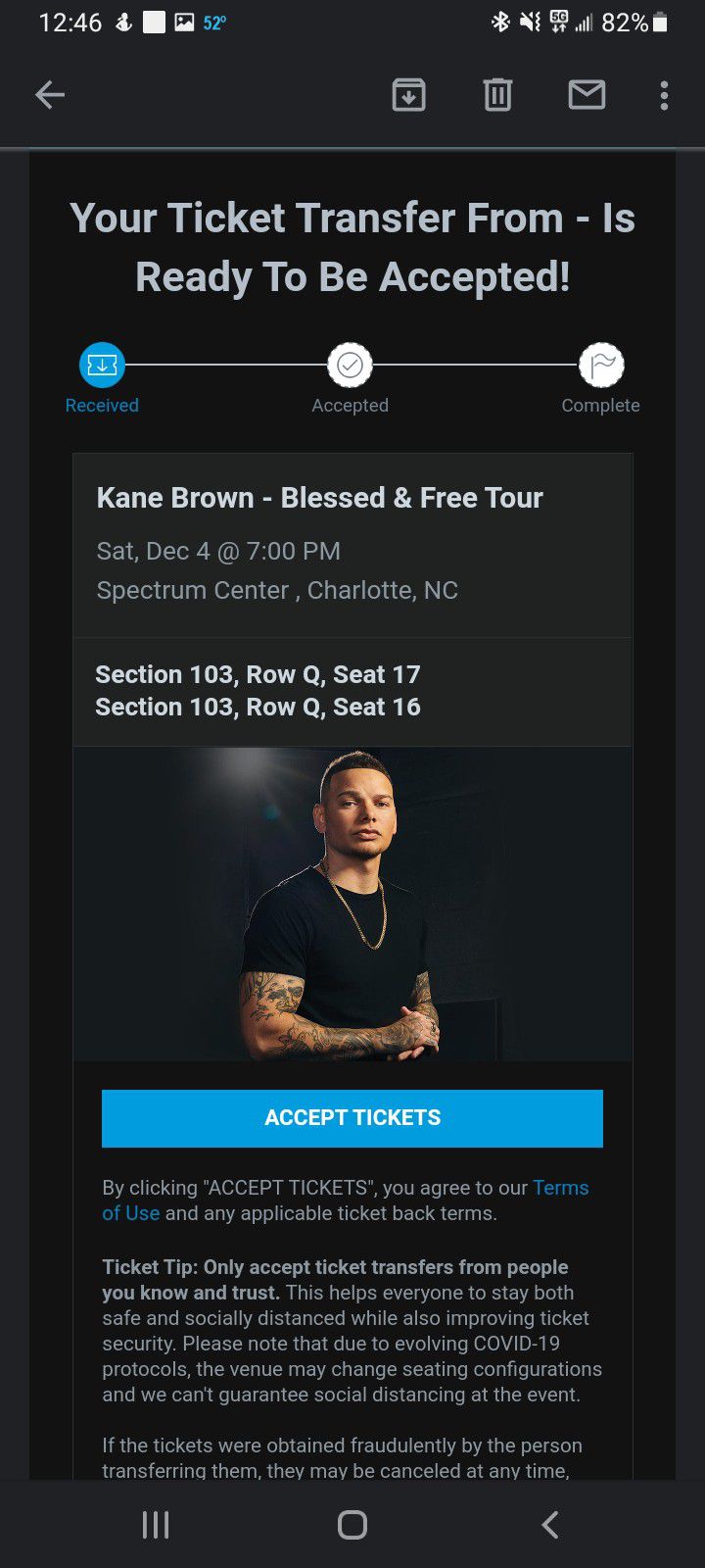2 KANE BROWN TICKETS for THIS SATURDAY DECEMBER 4TH
