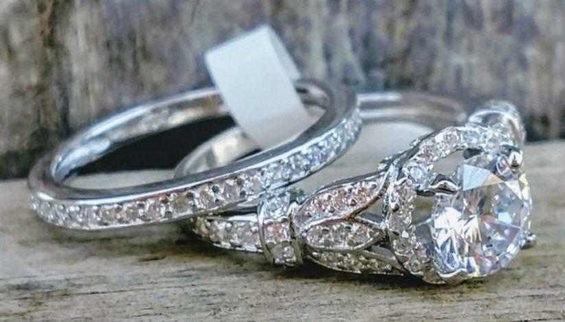 Solid 925 Sterling Silver 2pcs Engagement Wedding rings Size 6