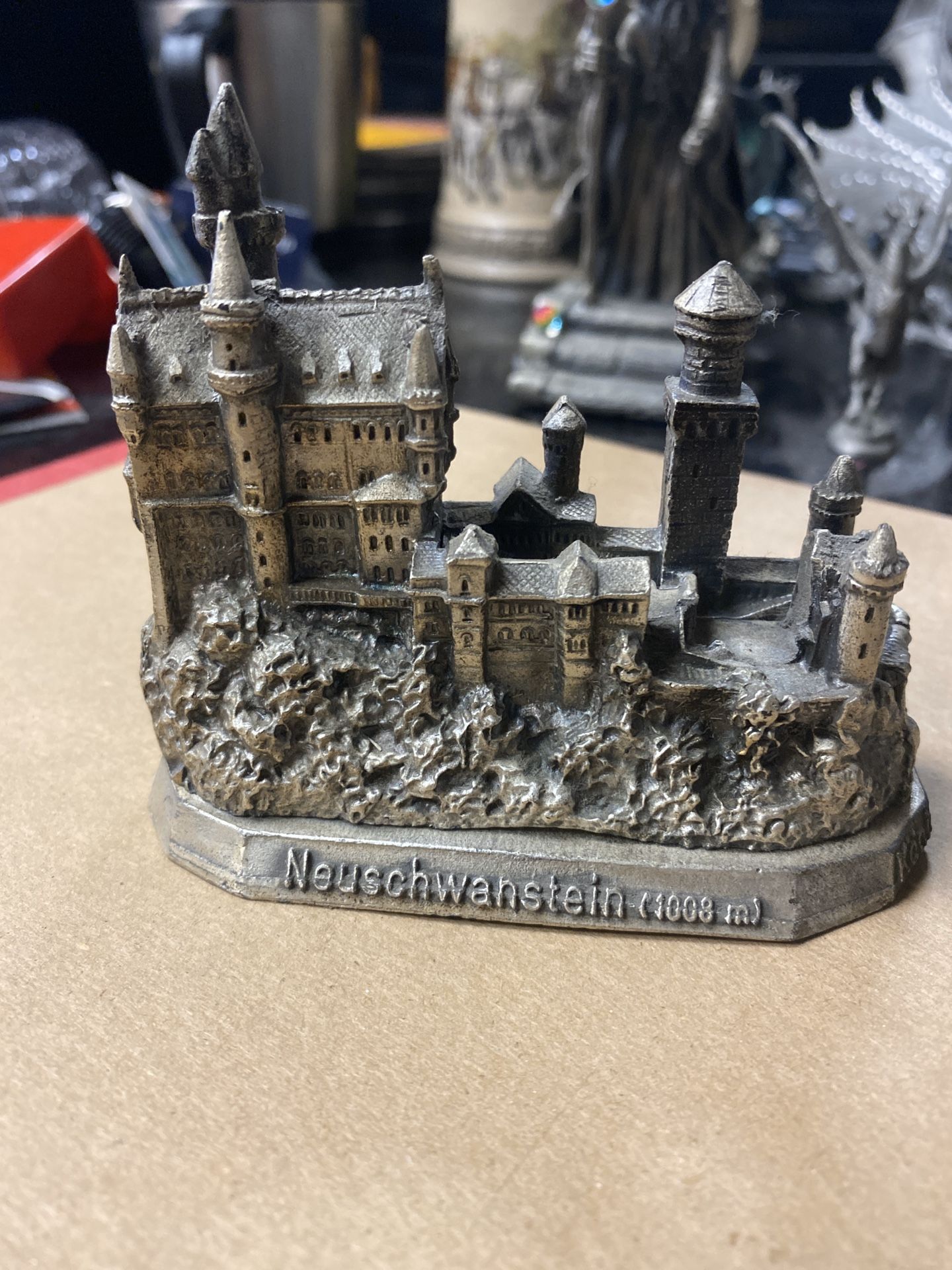 Pewter collectible dragons and wizard with rare vintage German castle