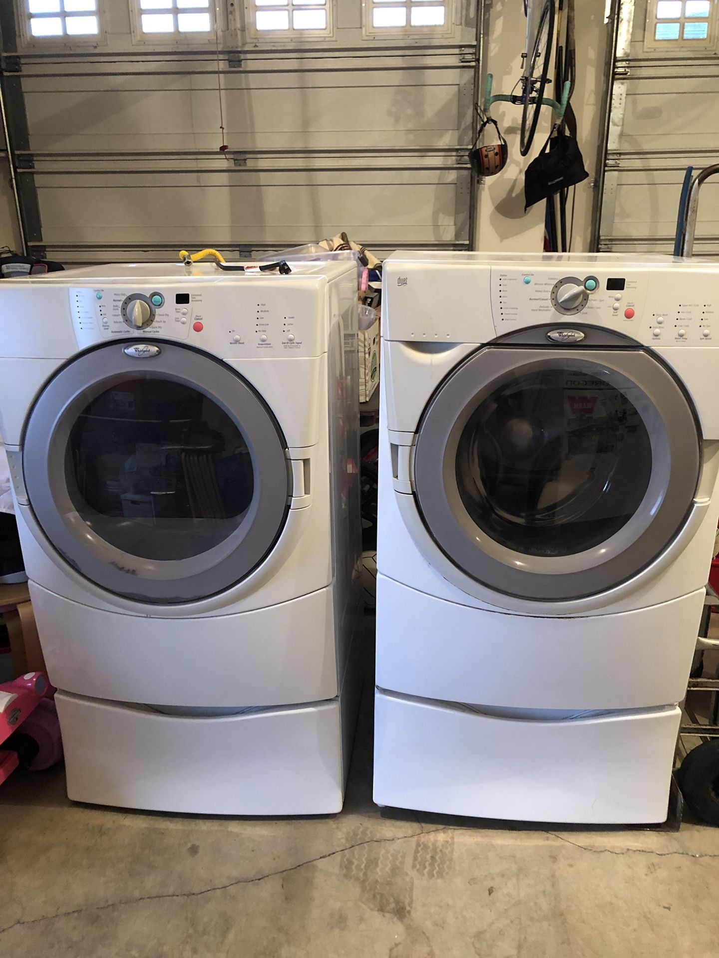 Whirlpool Duet Front Load Washer and Gas Dryer w/Drawer Stands for Sale