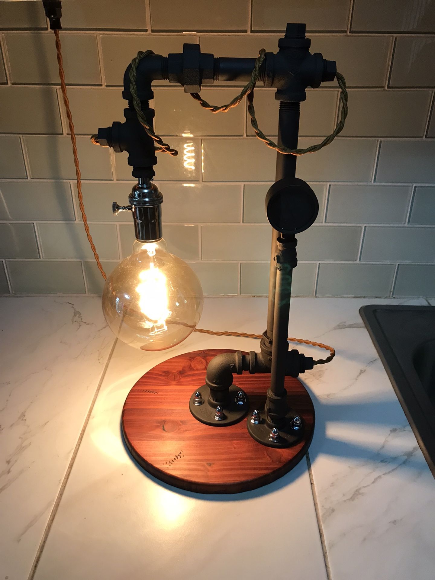 Industrial Steel Pipe& Edison Bulb Lamp, Red Cider Wood Base