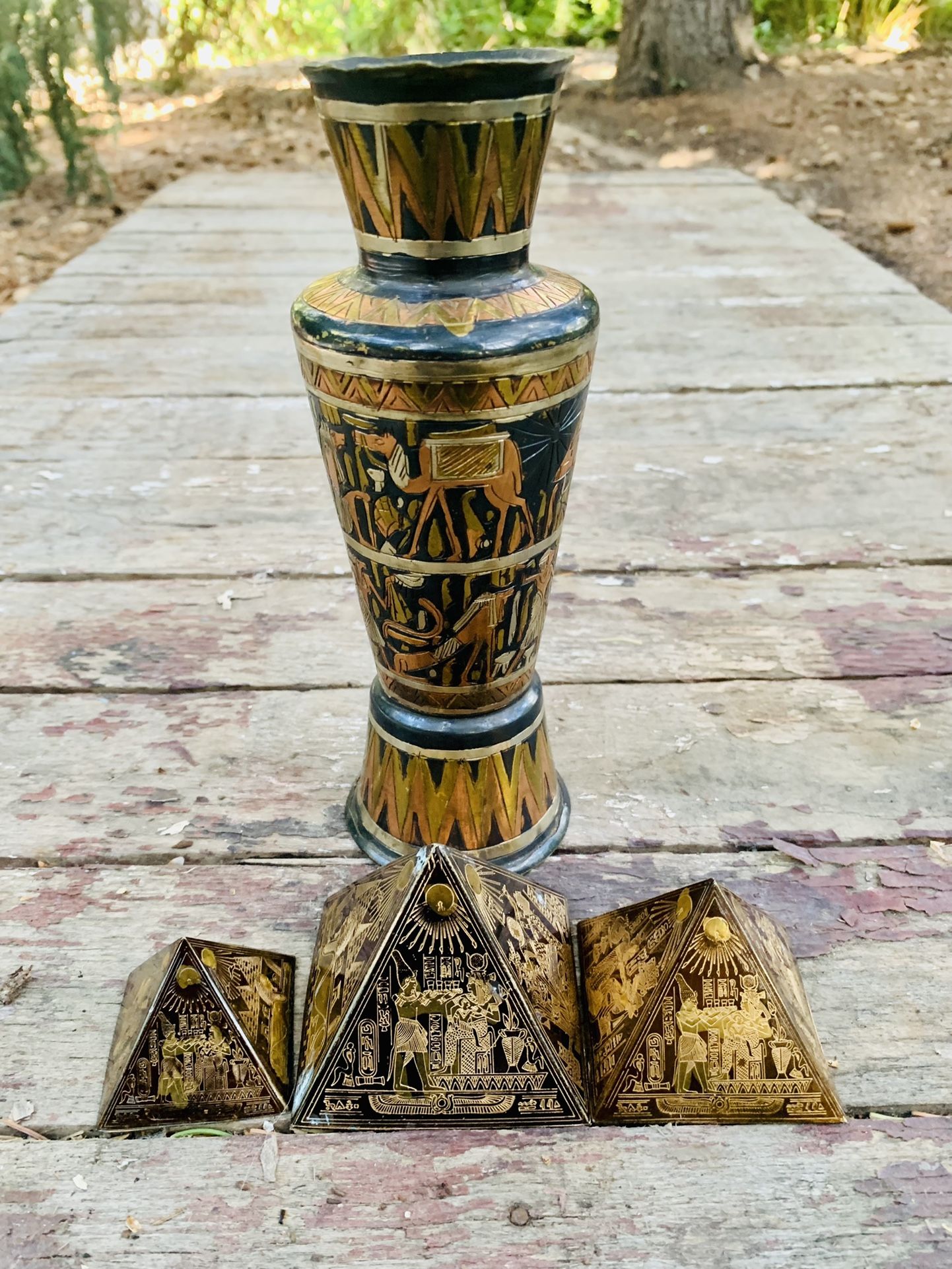 Egyptian Revival Brass Etched Pyramid Paperweights And Urn