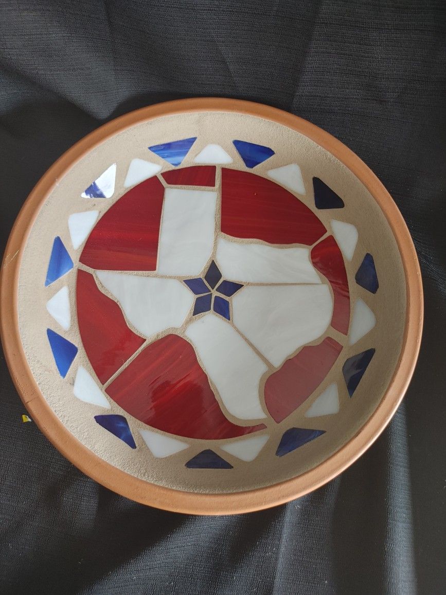 Potworks(California) terracotta warming platter w multi-colored stained glass design w state of Texas in the center