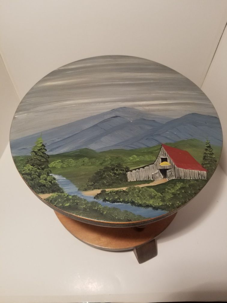Vintage Wooden Stool/Planter Hand Painted Farm House. 12" Round and 10" Tall
