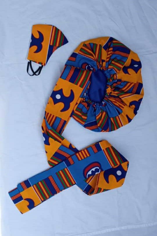 African print kente type headwrap and face masks set