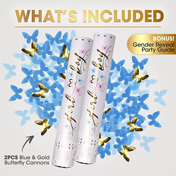Gender Reveal Confetti Cannon - Set of 2 - Biodegradable Butterfly Confetti in Blue