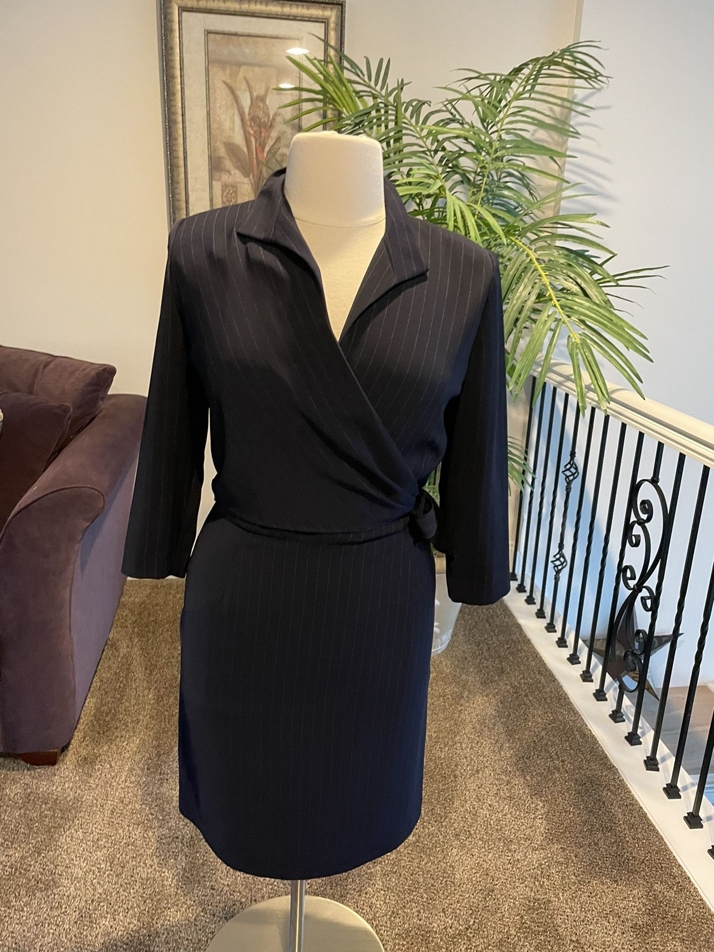 Liz Claiborne Wrap Dress: Navy Blue with Metallic Striping and Side Tie Size 12