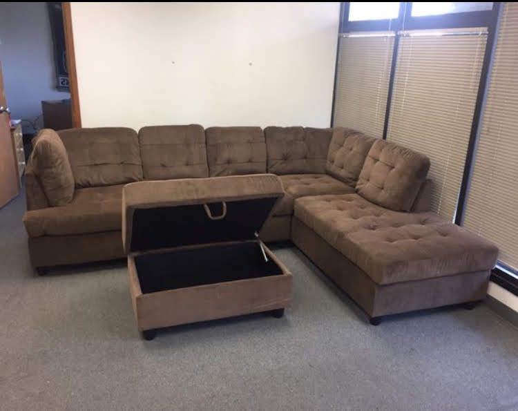 New Chocolate Brown Sectional Couch Chenille Sofa With Free Ottoman New In Boxes 