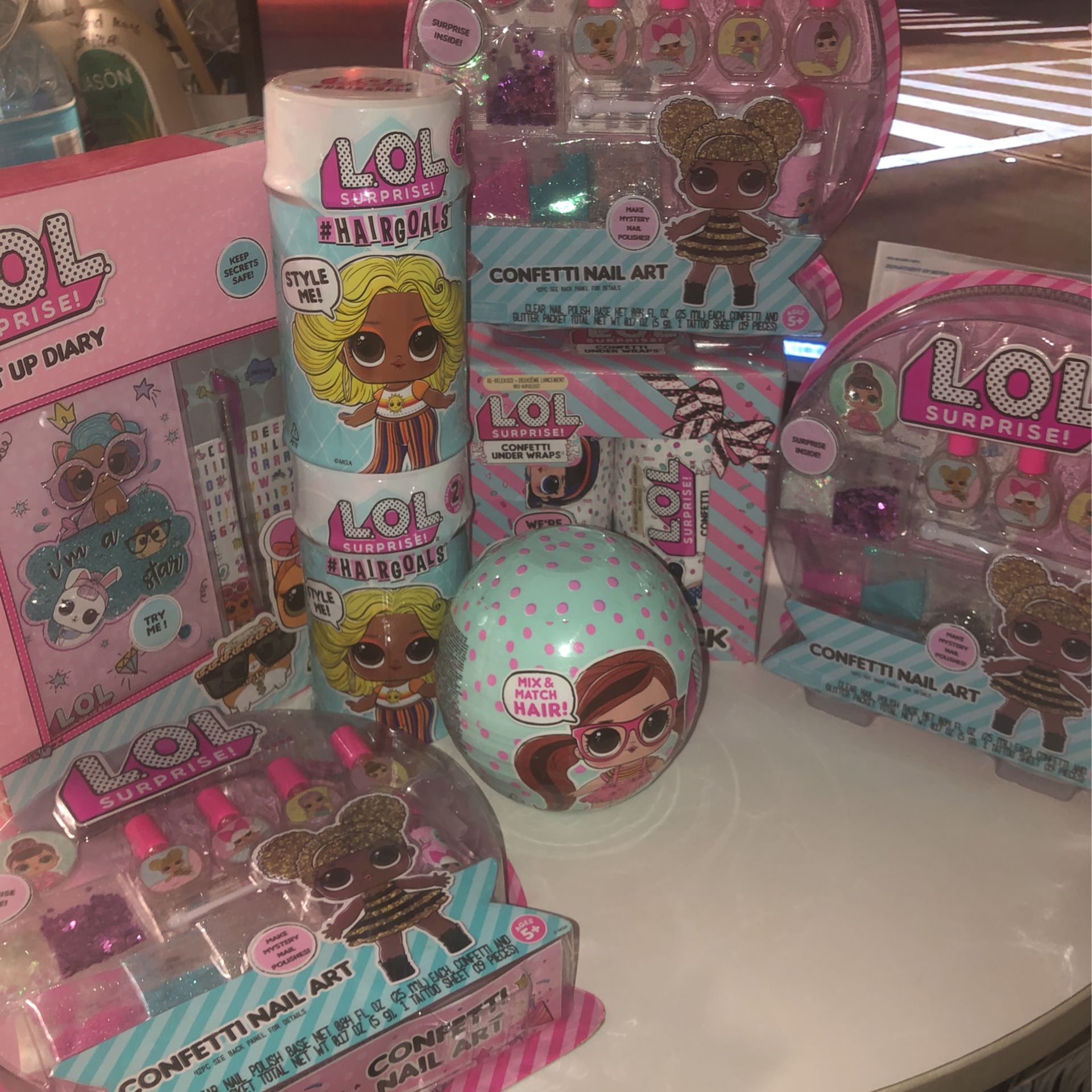 L.O.L. SURPRISE GIFTS!!! AVAILABLE FOR THIS CHRISTMAS HOLIDAYS . L.O.L HAIRGOALS $17, CONFETTI NAIL ART $12 . L.O.L. CONFETTI UNDER WRAPS $25