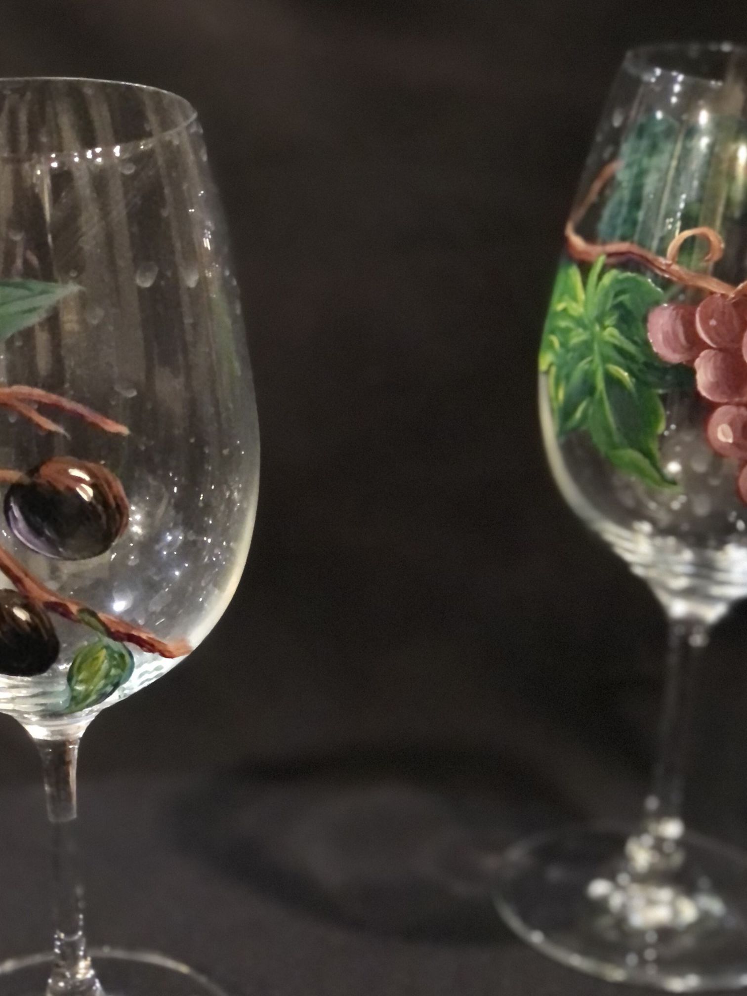 Fine Glass Wine Stemware, Hand Painted And Signed By Orange County Artist