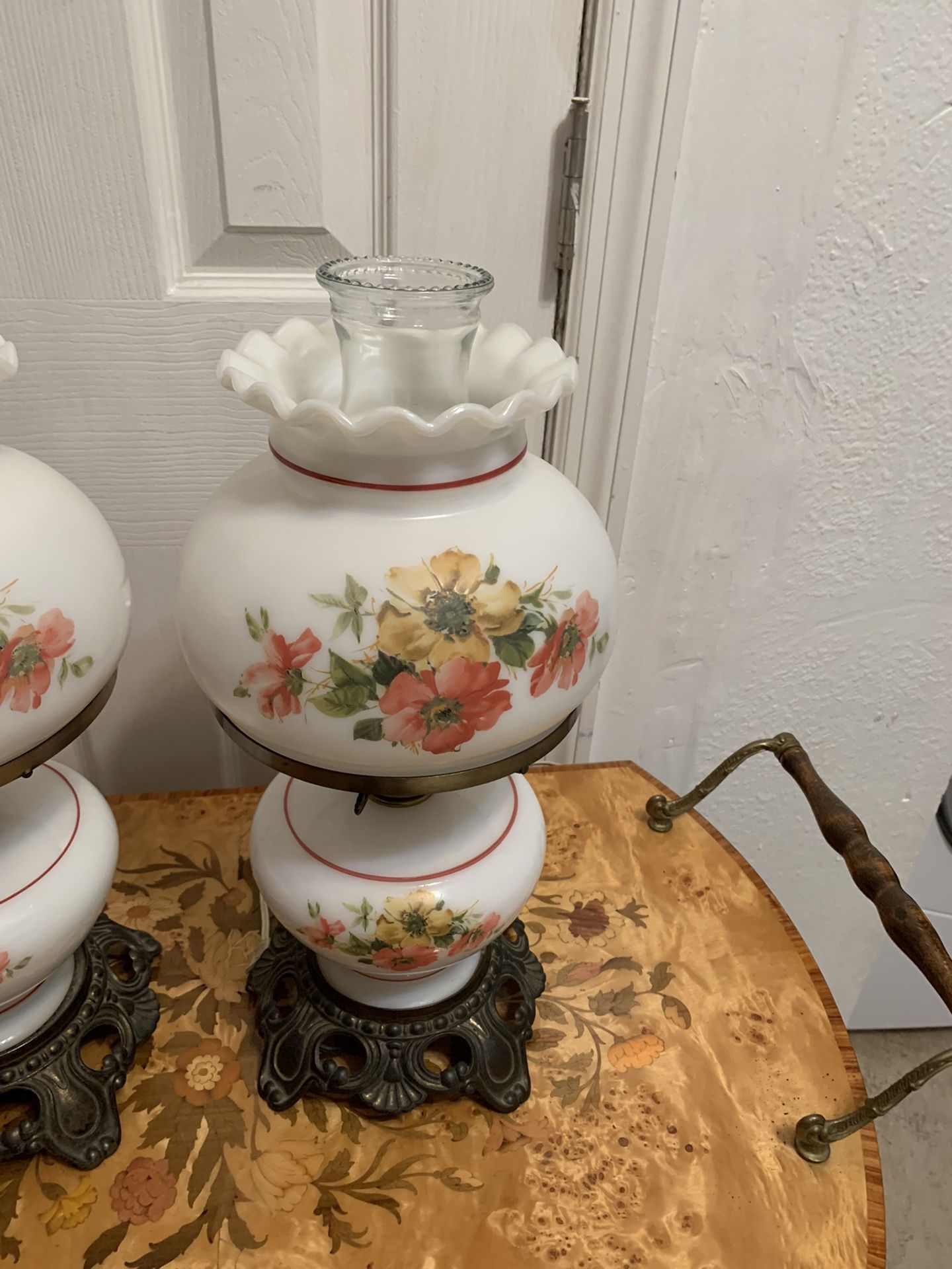 Vintage Set Of 2 Hurricane Lamp Roses Design With 3 Way Electric Lighting