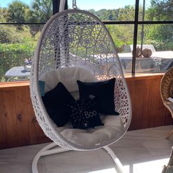 Egg Hanging Chair. New!  White Stand And Hanging Basket. Beautiful! Cream Cushion Included Not Black Pillows. Beautifully!  Thumbnail