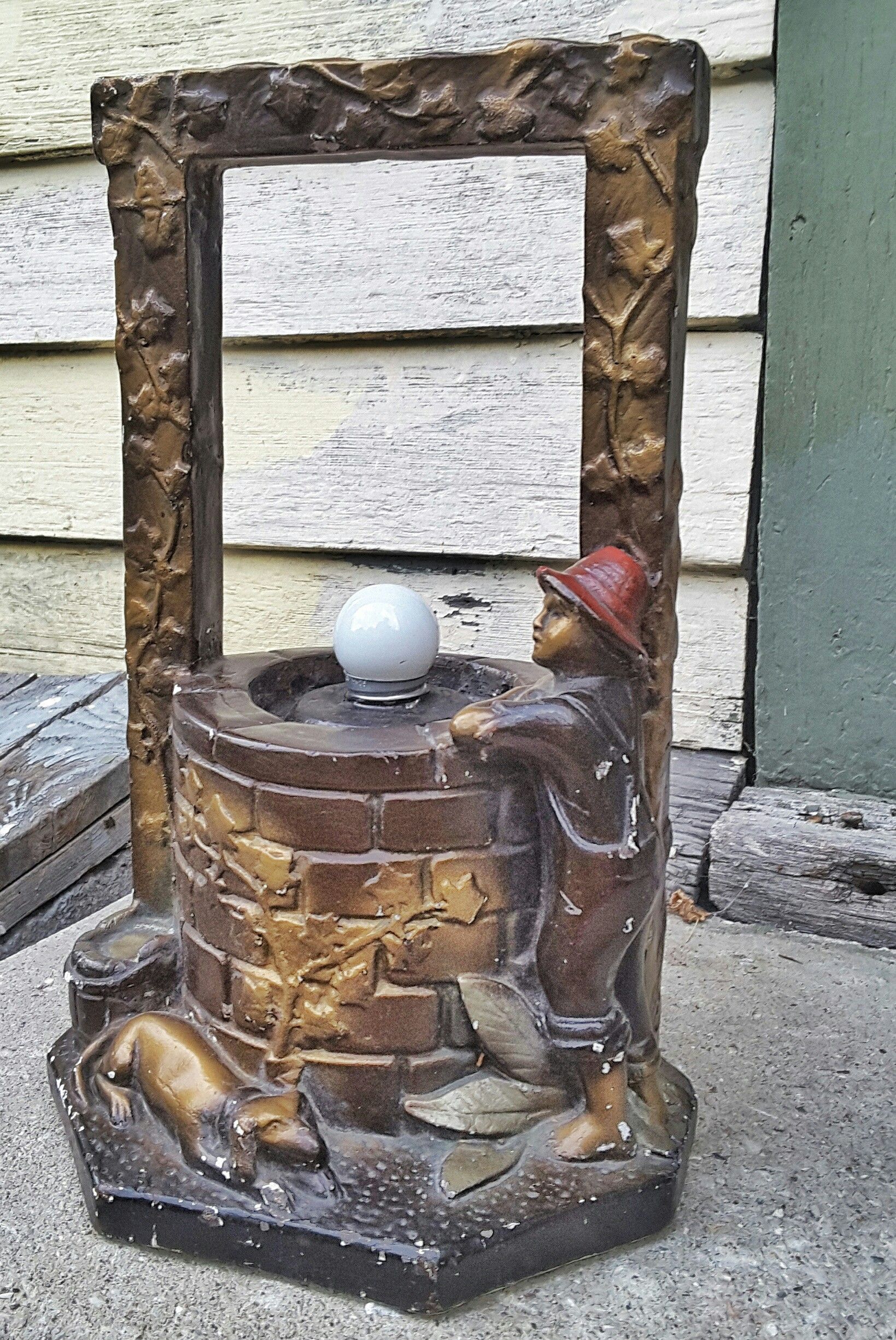 Industrial art supply antique radio lamp chalkware boy & dog at wishing well no shade as is