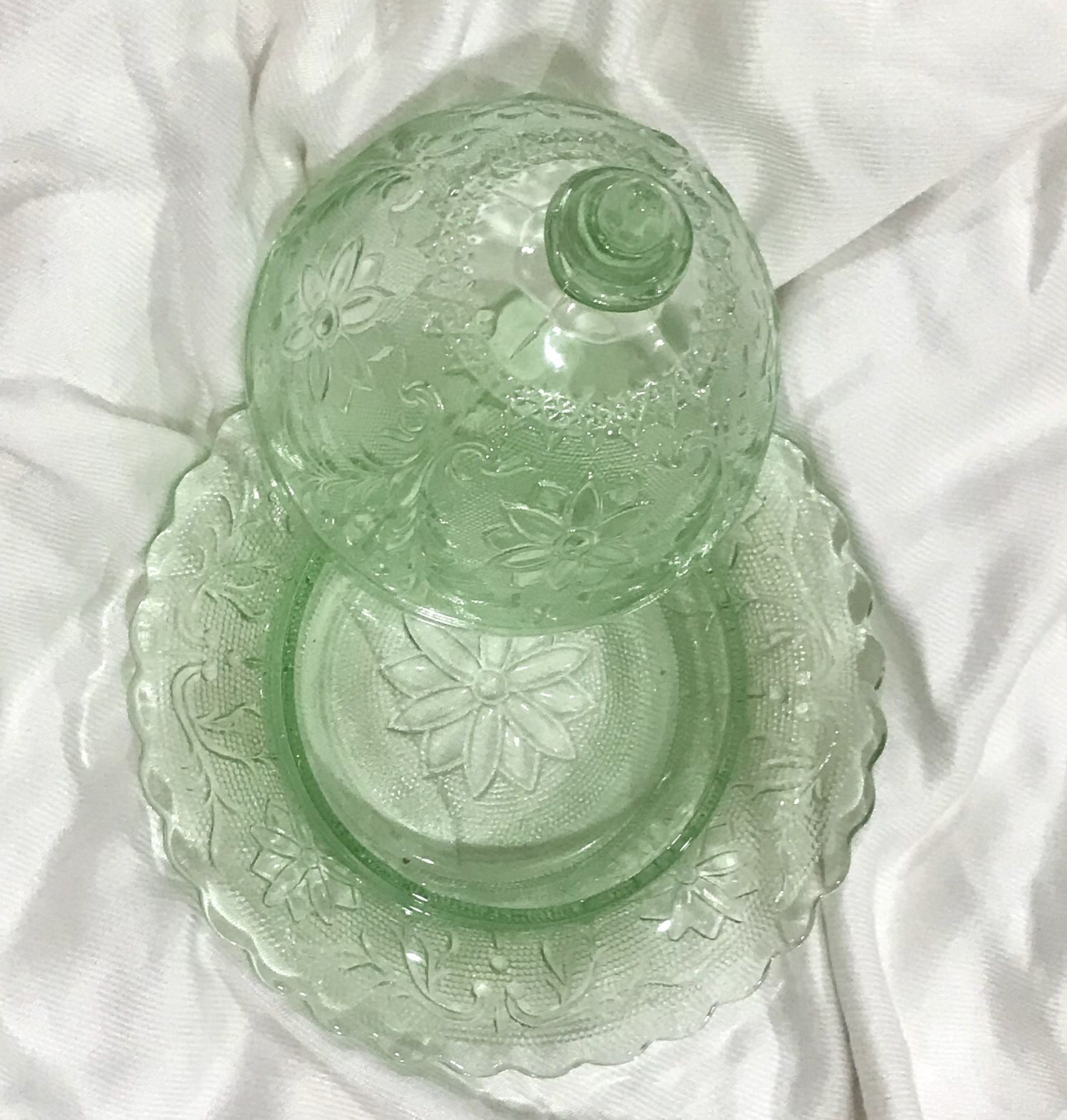 Chantilly Tiara Green glass, Butter Dish.