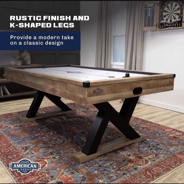 American Legend Kirkwood 84” Air Powered Hockey Table with Rustic Wood Finish, K-Shaped Legs and Modern Design-  Air Hockey - New 