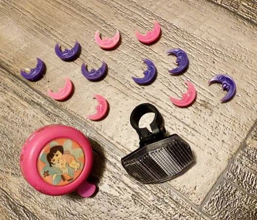 Set of Dora The Explorer Kids Girls Bike Items: Seat With Metal Mount, Break Light, Bike Horn, Training Wheels And Accessories