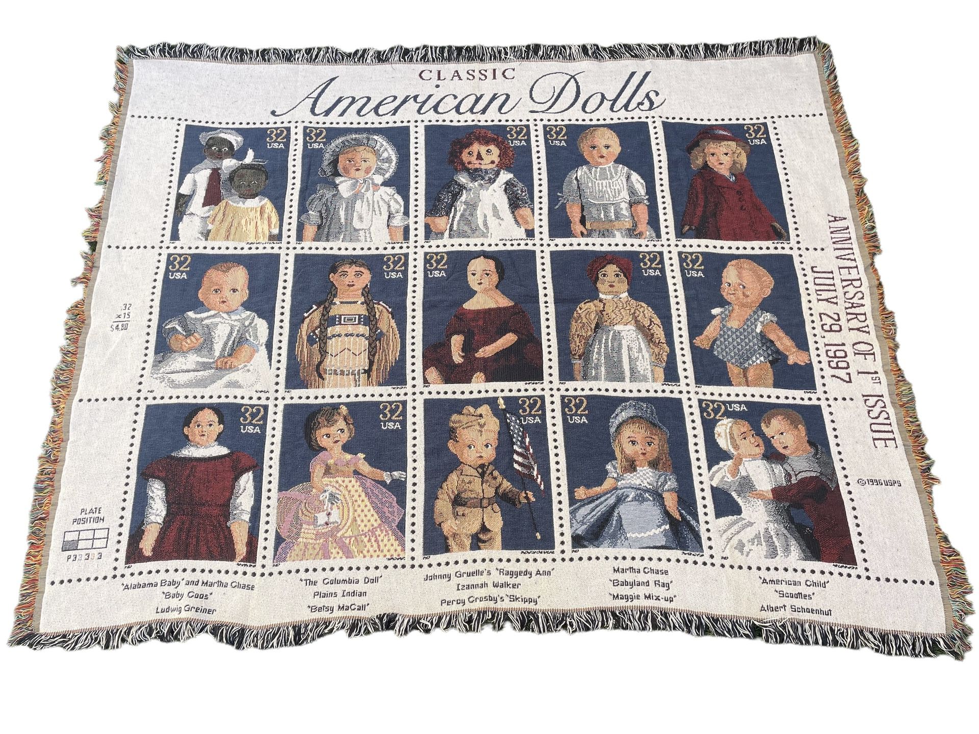 USPS Classic American Dolls Stamps Tapestry Throw Blanket 65"x55" USA 1996
