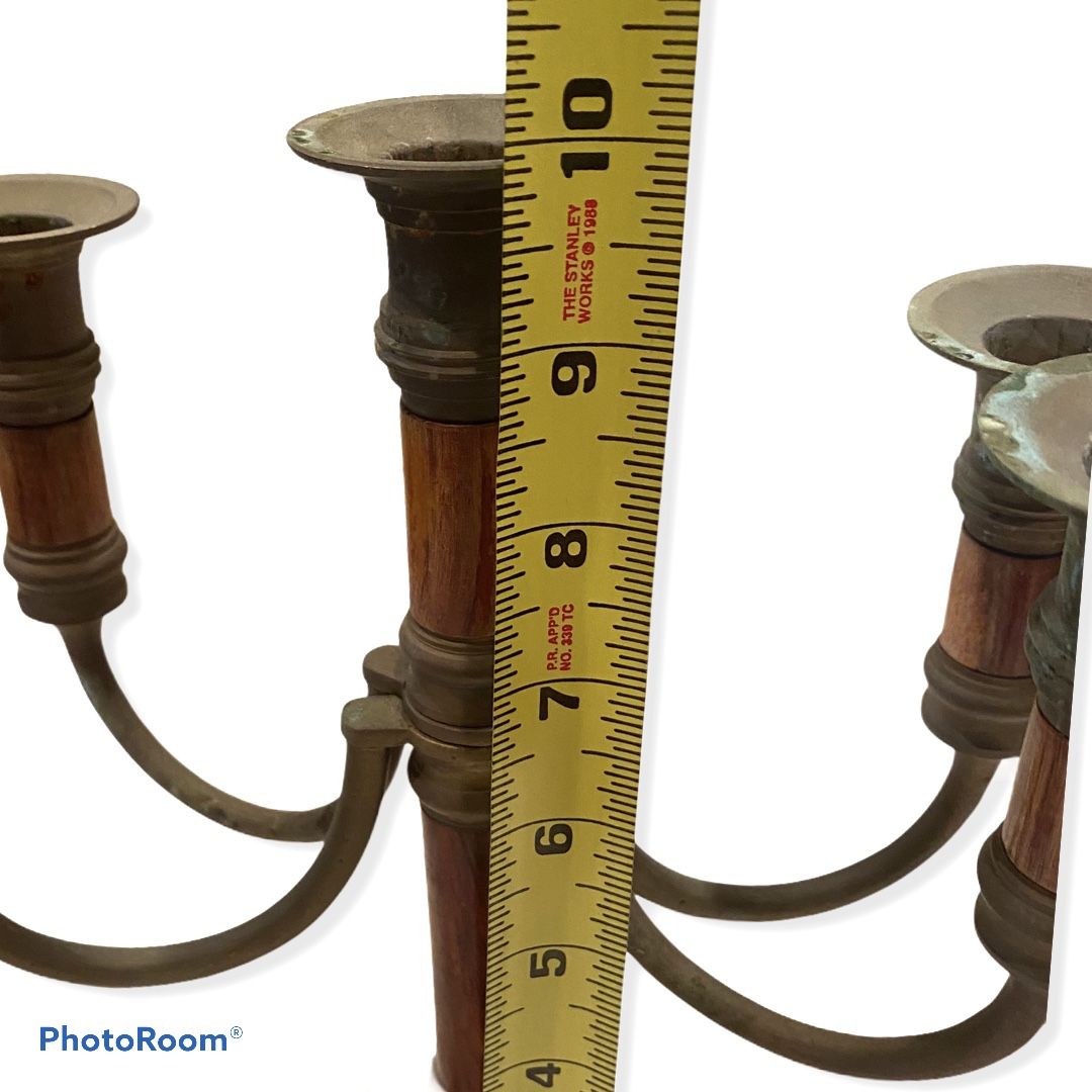 Vintage 10" Candelabra 5 Candle Stick Wood Brass