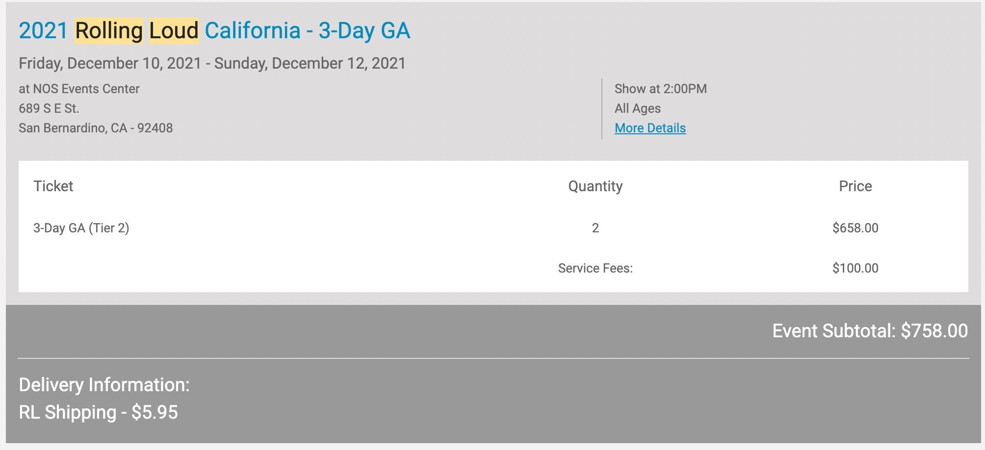 Rolling Loud California GA 3-day Tier 2 (2 for 275 each)
