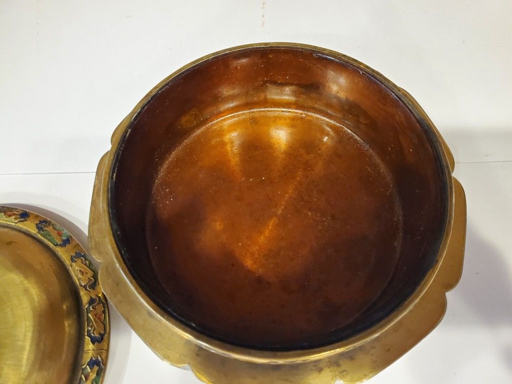 ANTIQUE BRASS AND ENAMEL COVERED DISH AMBER GLASS LINED