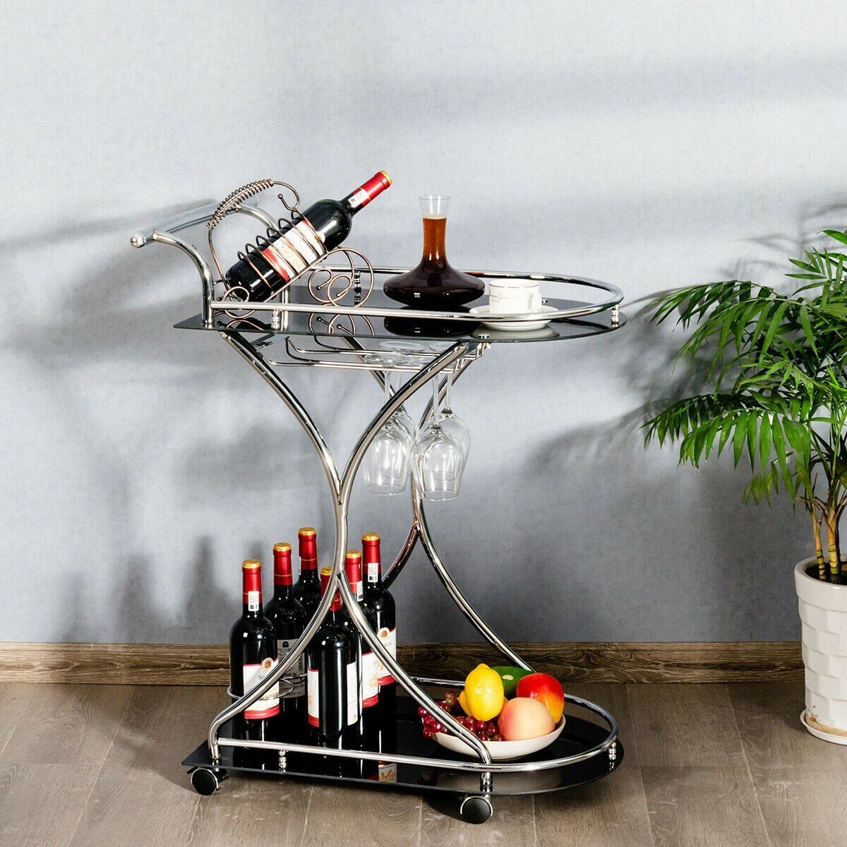 Rolling Bar Cart with Metal Frame Glass Serving