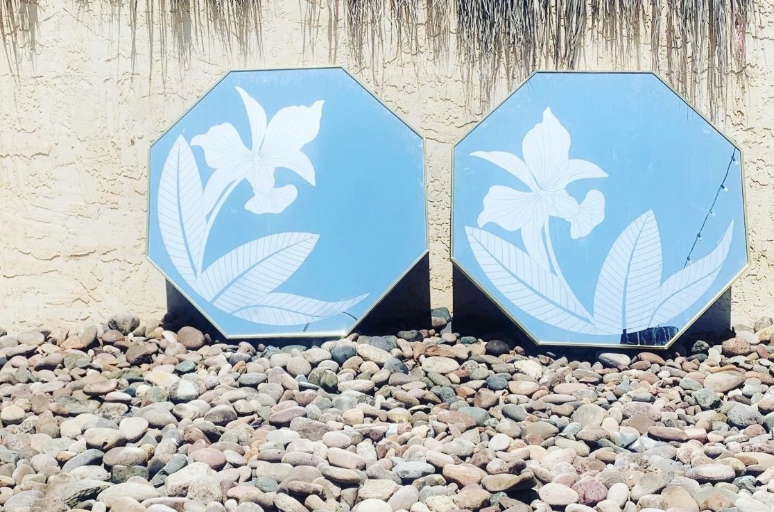 1980s Etched Octagon Gold Framed Mirrors