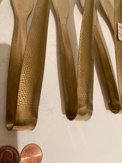 Vintage Set of 7 Brass Serving Utensils, 2 Strainers Spoons and 5 Tongs, 13" and 9" Long Each One, Heavy Duty, Quality, Kitchen Decor, Hanging Display Thumbnail